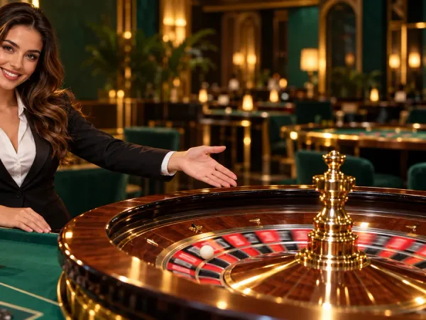 k1game + Female dealer presenting a roulette wheel and chips at a green casino table
