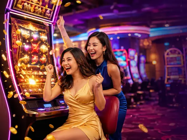 k1game + Two women beside golden slot reels and illustrated coins