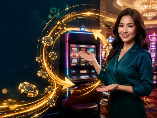 k1game + Woman in a teal blouse beside slot reels and a circular gold light trail