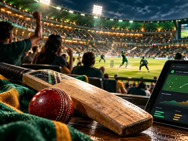 k1game + Cricket bat and ball beside a fictional match dashboard in a floodlit stadium