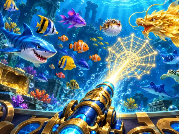 k1game + Illustrated fishing arcade cannon firing a glowing net towards colourful fish