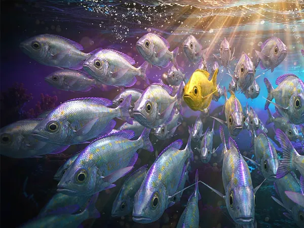 k1game + School of fish swimming among floating coins