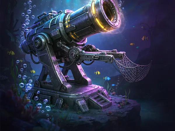 k1game + Illustrated underwater cannon facing a school of fish