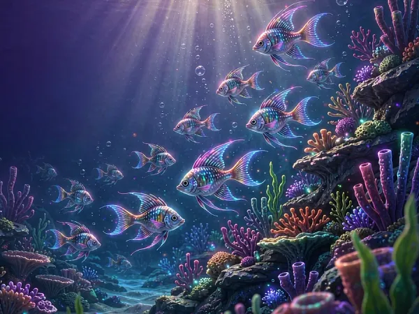 k1game + Colourful fish swimming around an underwater reef