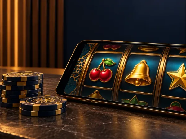 k1game + Smartphone showing illustrated fruit, bell and star reels beside casino chips