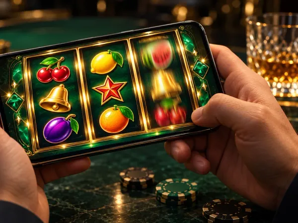 k1game + Hands holding a phone with illustrated fruit slot reels and casino chips