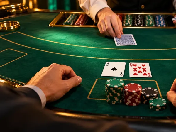k1game + Blackjack hand with an ace and ten on a green felt table beside casino chips