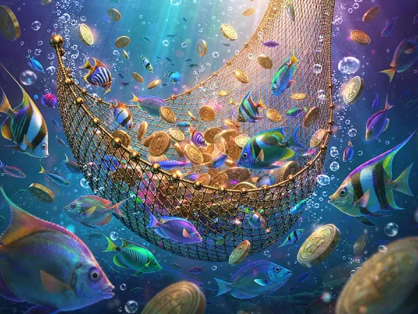 k1game + Fish and gold coins surrounding an underwater net