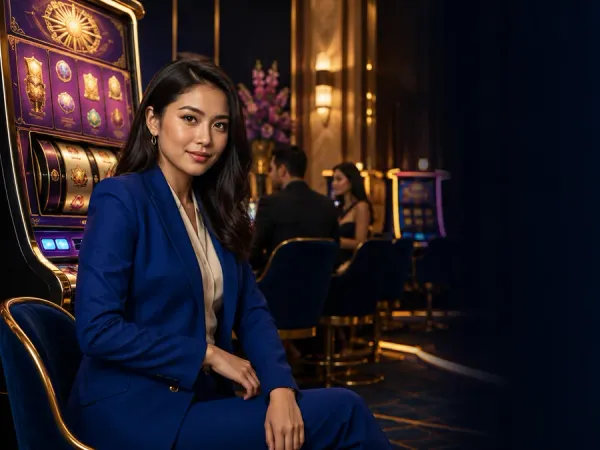 k1game + Woman in a blue suit seated beside slot machines in a warm-lit lounge