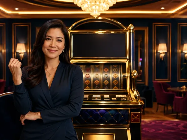 k1game + Woman seated before a gold-framed slot machine in an elegant lounge
