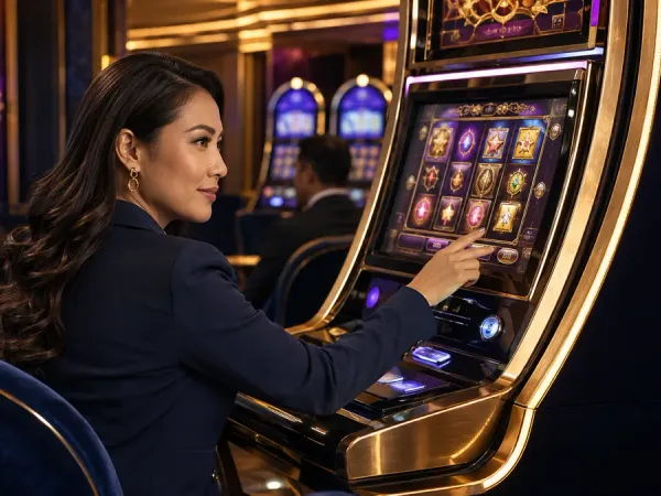 k1game + Seated woman looking back from a slot machine with golden trim