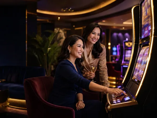 k1game + Two women seated together at slot machines in a dark lounge
