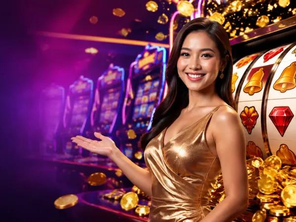 k1game + Woman in a gold dress beside a slot machine and scattered gold coins