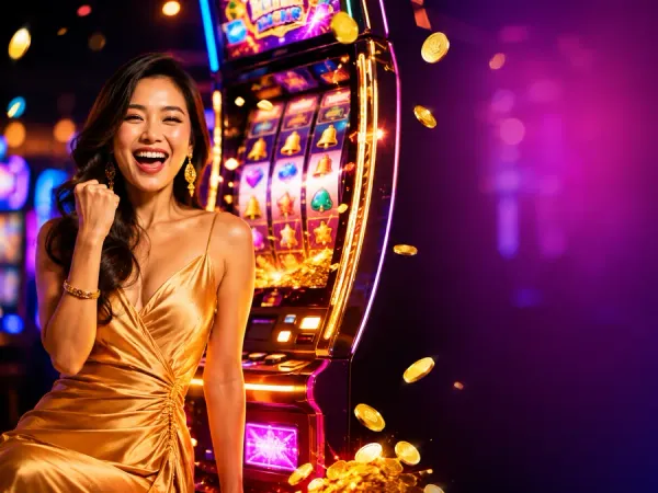 k1game + Woman beside gold-framed slot reels under bright casino lighting