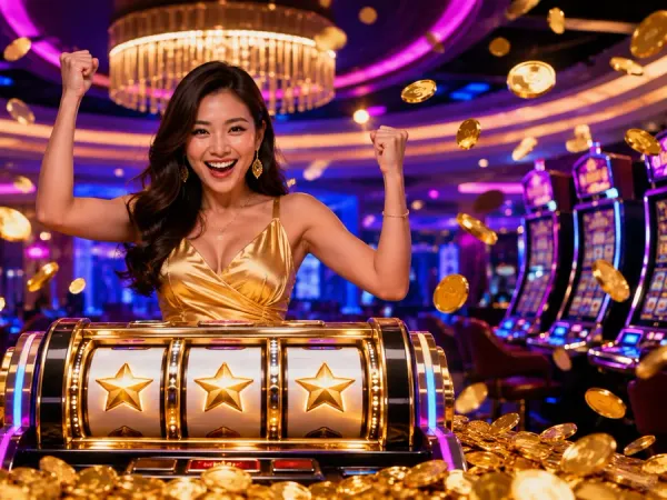 k1game + Woman behind a star-symbol slot machine with illustrated gold coins