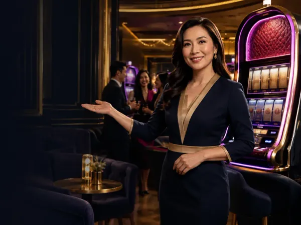 k1game + Woman in a dark blazer beside a slot machine in a dim lounge
