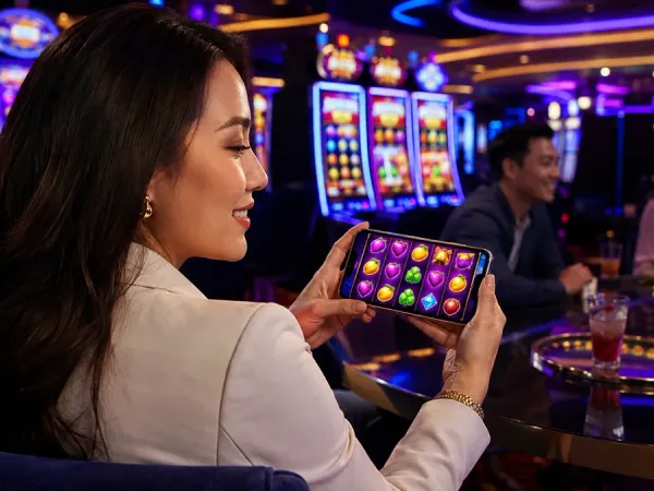 k1game + Seated woman holding a phone horizontally beside illuminated slot machines