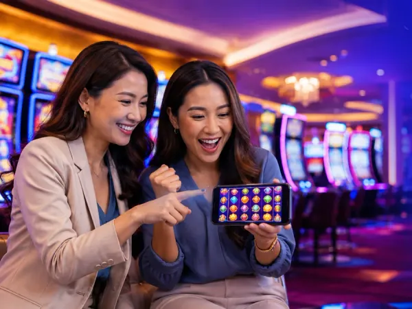 k1game + Two women looking at fruit reels on a smartphone in a casino setting