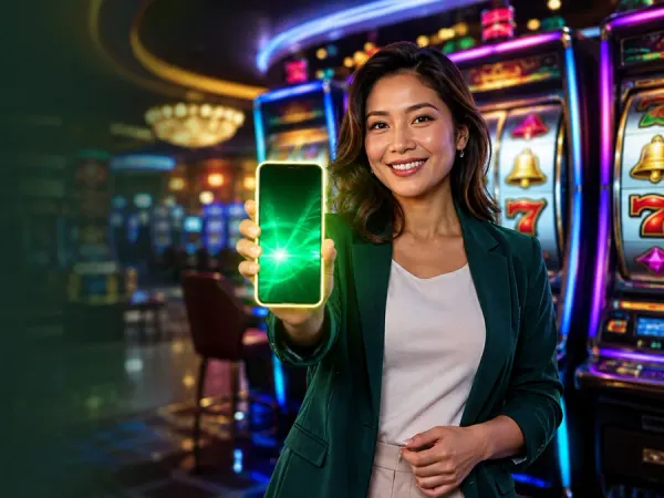 k1game + Woman in a green blazer holding a glowing smartphone beside slot reels