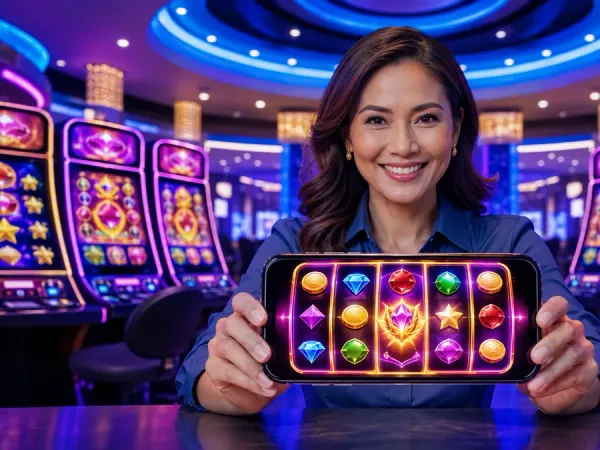 k1game + Woman presenting a phone with fruit reels against blue casino lighting