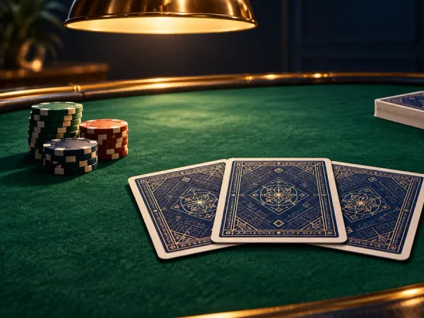 k1game + Three face-down blue playing cards with chips and a deck on a green table