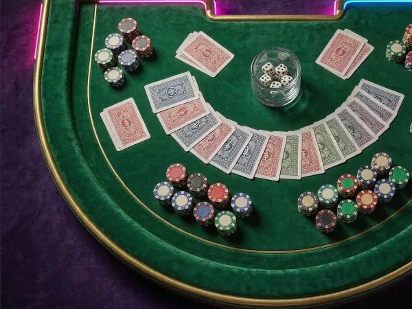 k1game + Overhead view of playing cards and chips on a green table
