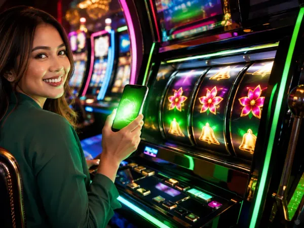 k1game + Seated woman holding a green-lit phone beside a slot machine