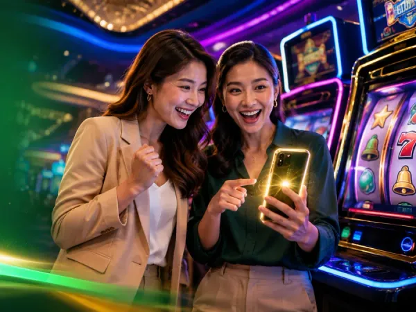 k1game + Two women looking at a smartphone beside green-lit slot machines