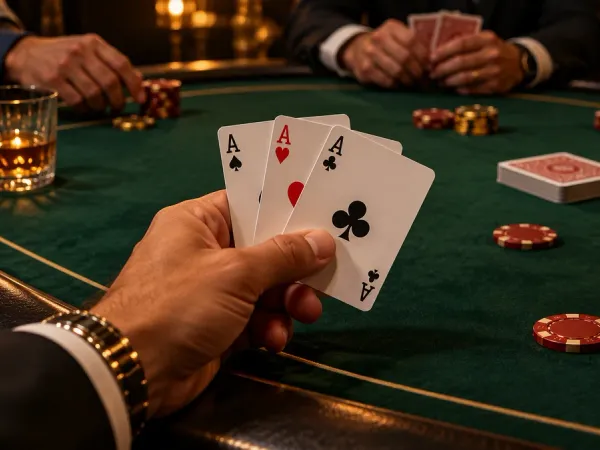 k1game + Player holding three aces above a green card table with casino chips