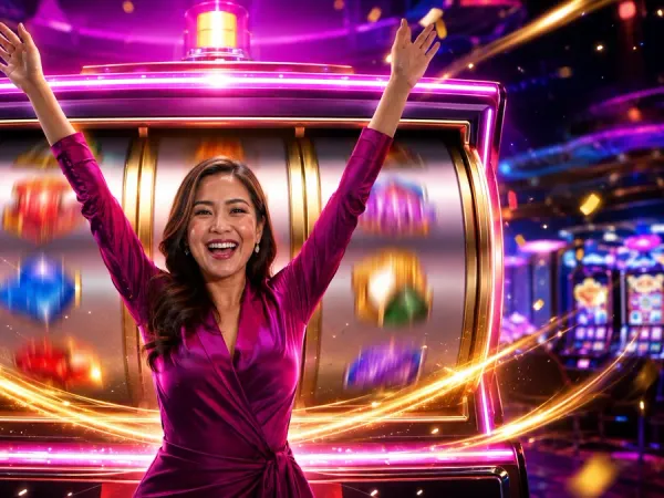 k1game + Woman raising her arms before a large illuminated slot machine
